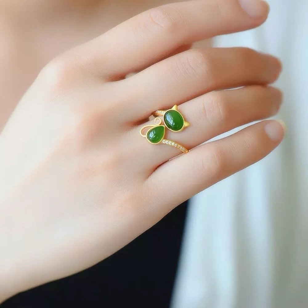 Natural Jade Ring, Green Jade Ring, Natural Hetian Jade Ring - Adjustable Ring